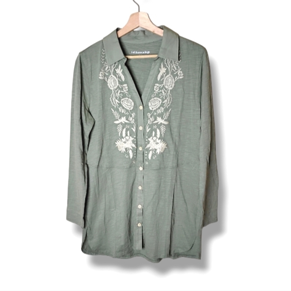 Soft Surroundings Embroidered Sage Green Tunic Top